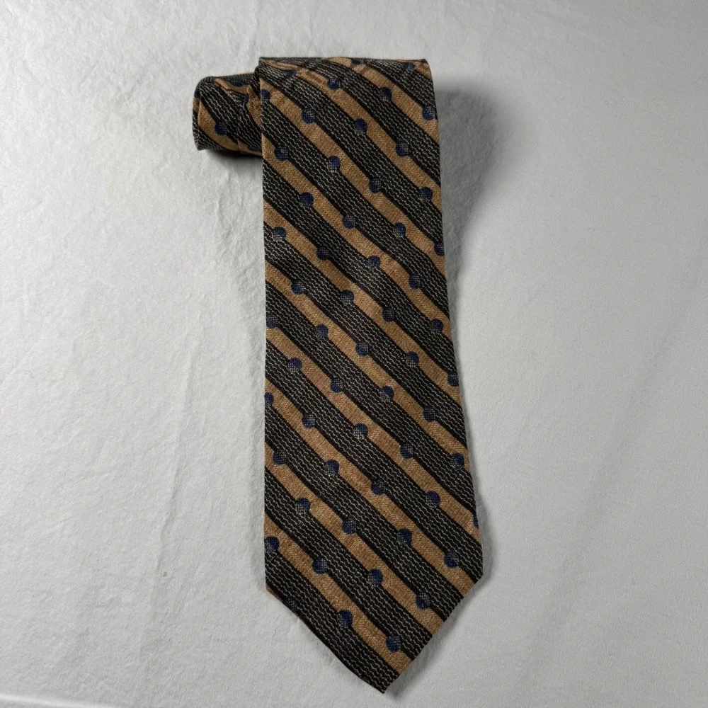 Calvin Klein Men's‎ Gold Striped Polka Dot 100% Silk Necktie Made in USA
